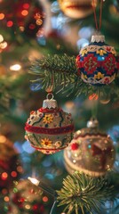 Aufkleber - A close-up shot of a decorated Christmas tree with two ornaments hanging on the branches. The ornaments are detailed and colorful, with one being gold and the other red, blue, and yellow. The backgrou