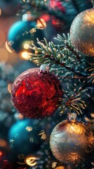 Aufkleber - A close-up of a Christmas tree decorated with red and silver ornaments, with out-of-focus lights and a blue ornament in the background.