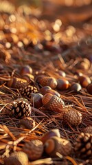 Poster - Acorns and pine cones lie scattered amongst the pine needles on the forest floor, bathed in warm afternoon sunlight.