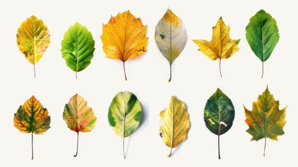 Poster - A variety of autumn leaves are displayed on a white background. The leaves are in various shades of green, yellow, and orange, and some have brown spots or streaks. The leaves are arranged in rows, an