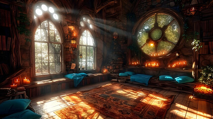 Wall Mural - Cozy Stone Cottage Interior with Sunbeams Illustration