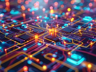 Poster - Abstract digital circuit board background with glowing neon lights, showcasing intricate technology patterns and modern electronic design.