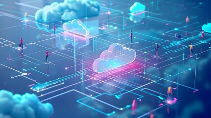 Poster - Abstract digital cloud computing concept with data network connections and technology interface for online data storage and synchronization.