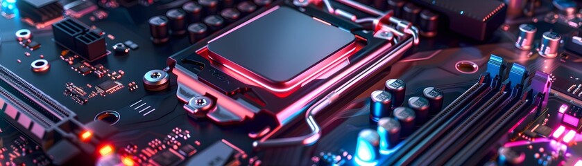 Poster - Close-up of a computer motherboard with a central processor and colorful lighting, showcasing modern technology and electronics in detail.