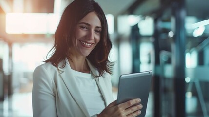 Sticker - Young happy business woman working with tablet in corporate office, AI Generative