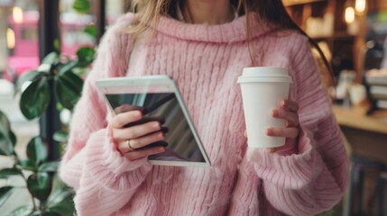 Sticker - Young workplace women wearing light pink clothes, holding tablets in their right hand and coffee cups in their left hand, warm coffee shops, smiling, AI Generative