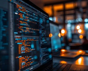 Fototapete - Close-up of computer screen with code, showcasing software development process in a modern, dimly lit workspace with blurred background.