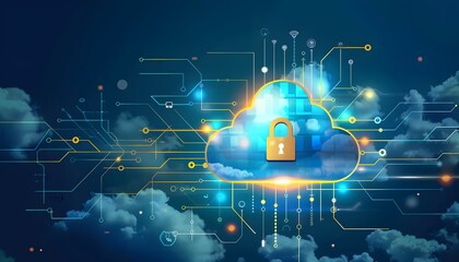 Poster - Cloud technology with cybersecurity concept showing data protection and encrypted digital network. Cloud computing innovation and connectivity.