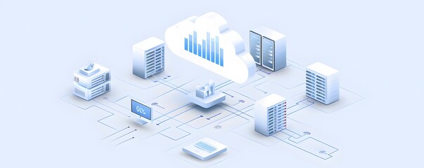 Poster - Cloud computing technology showcasing interconnected servers and data analysis, illustrating modern digital infrastructure.