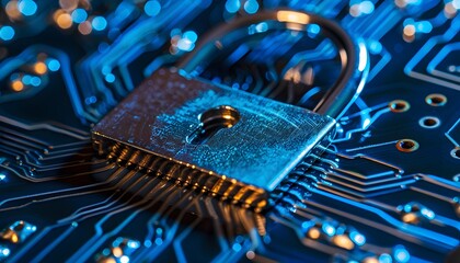 Poster - A close-up shot of a padlock on a computer circuit board, representing cybersecurity and data protection in the digital world.