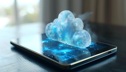 Poster - A digital cloud hovering over a tablet, symbolizing cloud computing technology and data storage solutions in a modern tech environment.