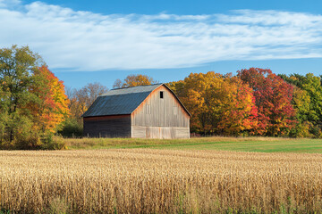 Poster - Rustic Autumn Landscape with Classic Barn and Harvest Fields  