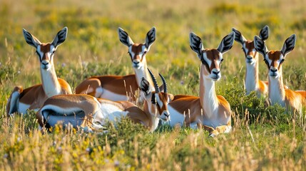 A group of springboks relaxing and lying in the grass.