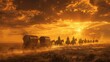 © spyrakot - Wild West Caravan at Dawn: Wagons and Horseback Riders Across Prairie Under Golden Sunrise