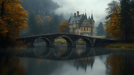 Poster - Stone Bridge Leading to a Misty Castle Illustration