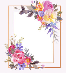 Wall Mural - An elegant floral frame with watercolor flowers in vibrant pink, yellow, blue, and purple adorns the top right and bottom left corners. Delicate leaves and buds accentuate the flowers,