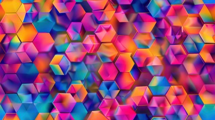 Poster - A close-up view of a pattern composed of numerous hexagonal shapes, each displaying a vibrant gradient of colors, creating a visually captivating and abstract design.
