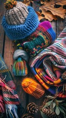 Poster - A close-up view of colorful knit hats and scarves, arranged on a wooden surface. The hats and scarves have various patterns and textures, and there are also some pine cones and leaves in the image.