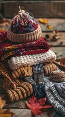 Poster - A close-up view of a stack of colorful knitted winter accessories, including a hat with a pom-pom, scarves, and gloves, resting on a wooden surface with autumn leaves scattered around them.