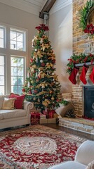 Poster - A large, decorated Christmas tree stands in the corner of a living room, next to a fireplace decorated with stockings and a wreath. The tree is adorned with red and gold ornaments, bows, and lights. P