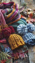 Poster - A close-up image of a collection of knitted scarves and hats in vibrant colors, resting on a rustic wooden surface. The scarves are arranged in a pile, with some hanging over the edge of the table. Th