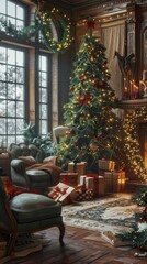 Aufkleber - The image captures a cozy Christmas living room with a decorated Christmas tree, wrapped gifts, and a garland hanging by the windows. The room is filled with warm light, creating a festive and invitin