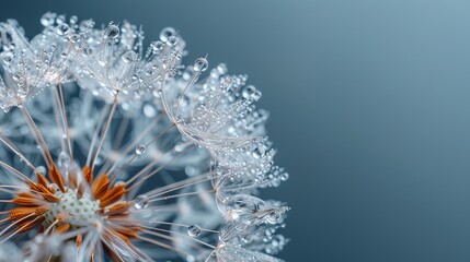 Poster -  A tight shot of a dandelion, its petals speckled with water droplets