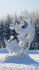 Poster - A large, detailed ice sculpture of a reindeer with elaborate antlers stands on a snow-covered field, with bare trees and a bright blue sky in the background. The sculpture is expertly crafted with int