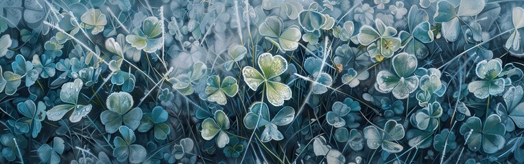 Poster - A close-up view of clover leaves covered in frost, illuminated by the soft light of sunrise. The delicate crystals sparkle like diamonds, creating a stunning natural tapestry.