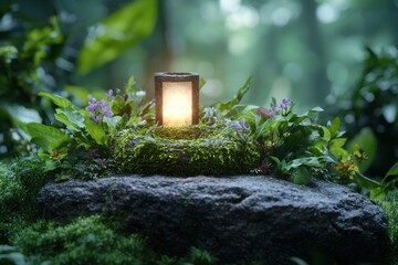 Wall Mural - Glowing lantern in lush forest