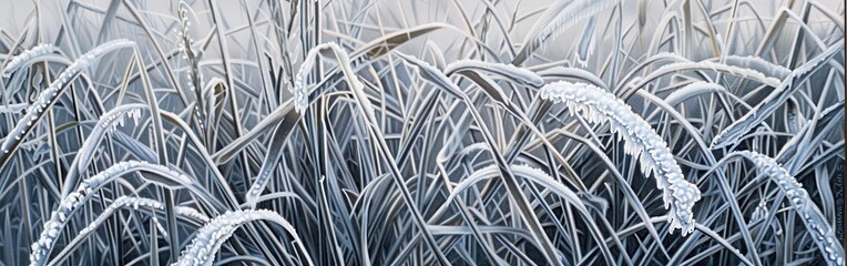 Poster - A close-up view of blades of grass covered in frost, creating a intricate network of delicate white and gray patterns. The sunlight shines through the ice crystals, casting a subtle glow on the frozen