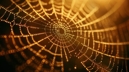  A tight shot of a spider's web adorned with dewdrops against a dark backdrop