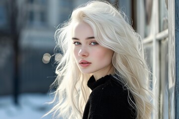 Poster - Beautiful young woman with blonde hair posing in a serene winter urban scene, exuding elegance and tranquility