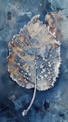 Poster - A lone leaf, frosted and delicate, lies on a bed of frozen ground. The intricate details of the leaf's veins are highlighted by the ice crystals that cling to its surface. The background is a mottled 