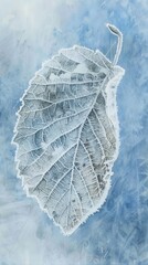 Poster - A single leaf, covered in a thick layer of frost, rests on a cool, blue background. The intricate details of the leaf's veins are visible, highlighted by the delicate ice crystals. The scene evokes a 