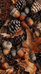 Poster - Acorns, pine cones, and leaves of various shapes and sizes lay on the forest floor, bathed in the warm glow of a fall afternoon. The rich brown hues of the autumn foliage and the contrasting textures 