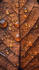 Wall Mural - A close-up shot of a dry brown leaf covered in glistening water droplets. The leaf's intricate veins are visible, and the droplets reflect the surrounding light, creating a beautiful contrast between 