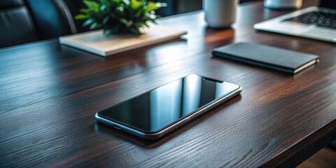 close up of smartphone on dark office table