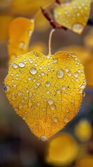 Poster - A single aspen leaf, a vibrant yellow, hangs from a branch. The leaf is covered in small, round dew drops that glisten in the sunlight. The leaf's veins are visible, adding detail to its delicate stru