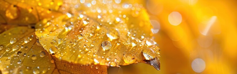 Poster - A close-up view of a single autumn leaf, its surface covered in glistening dew drops, catching the light of the sun. The leaf is a vibrant yellow, with a slight brown hue at the edges. The background 
