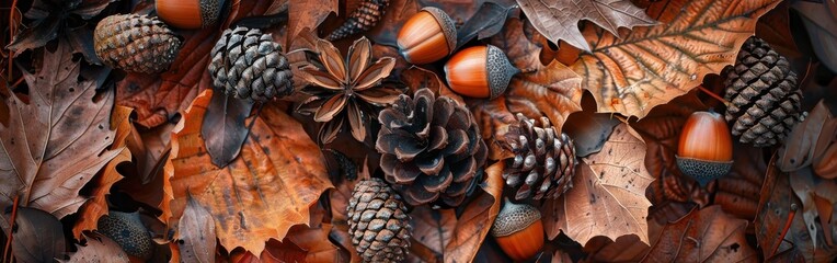 Poster - A close-up view of the forest floor in autumn, showing brown leaves, acorns, and pine cones. The image captures the beauty of the changing seasons and the intricate details of nature.