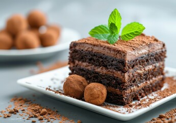 Wall Mural - Delicious chocolate cake with mint garnish