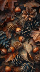 Poster - A close-up image of a forest floor covered in autumn leaves, pine cones, and acorns. The leaves are various shades of brown and orange, and the pine cones and acorns are scattered throughout the image