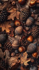 Poster - Acorns, pinecones, and leaves are scattered on a forest floor in autumn. The colors are warm and earthy, with the browns and yellows of the leaves and the rich browns of the acorns and pinecones. The 