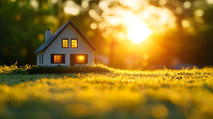 Poster - House in a Field at Sunset - Photo