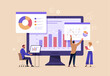 © nadzeya26 - Business Team Analytics and Monitoring Concept. Vector illustration in flat style of a large monitor with tabs displaying graphs and chats and groups of people studying them. Isolated on background