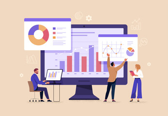 Aufkleber - Business Team Analytics and Monitoring Concept. Vector illustration in flat style of a large monitor with tabs displaying graphs and chats and groups of people studying them. Isolated on background 