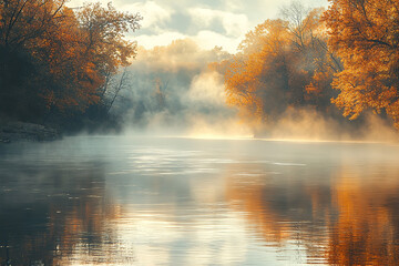 Wall Mural - Misty Autumn Morning by River with Reflective Fall Foliage  