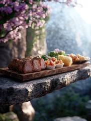 Wall Mural - Delicious grilled steak with side dishes on wooden platter