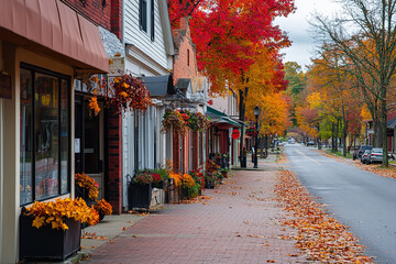 Sticker - Charming Small Town Decorated for Autumn with Colorful Leaves  